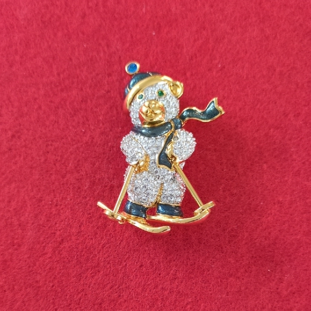 Swarovski Pave Signed Gold and Blue Rhinestone Bear Skiing Brooch Collection